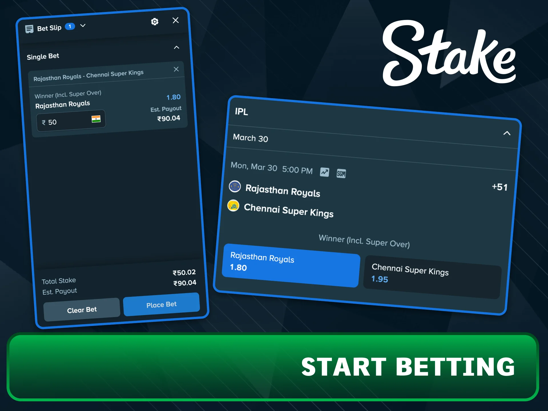 Register and bet on IPL at Stake.